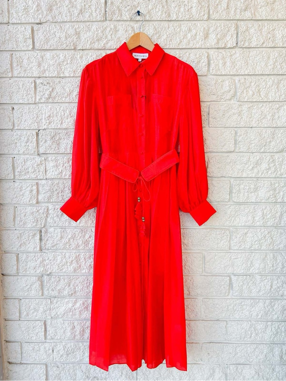 HUNTER BELL Tenley Dress.  Bright Red Long Sleeve Shirt Dress with Waist Tie